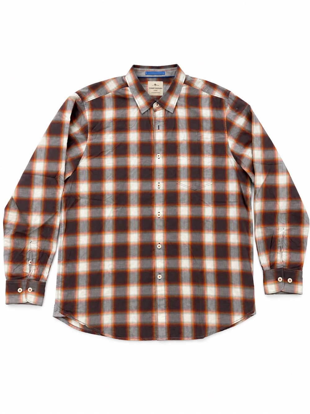 Tommy Bahama Brown, Orange & White Plaid Button-Down Shirt Men’s XL